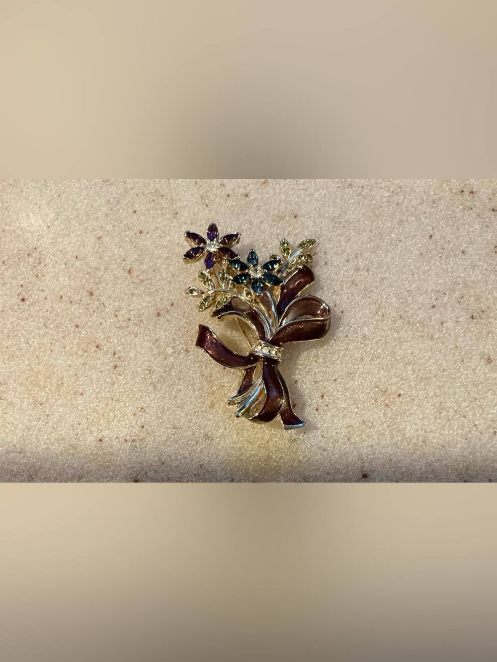 Monet Floral Ribbon Brooch in Burgundy and Gold with Multicolored Stones